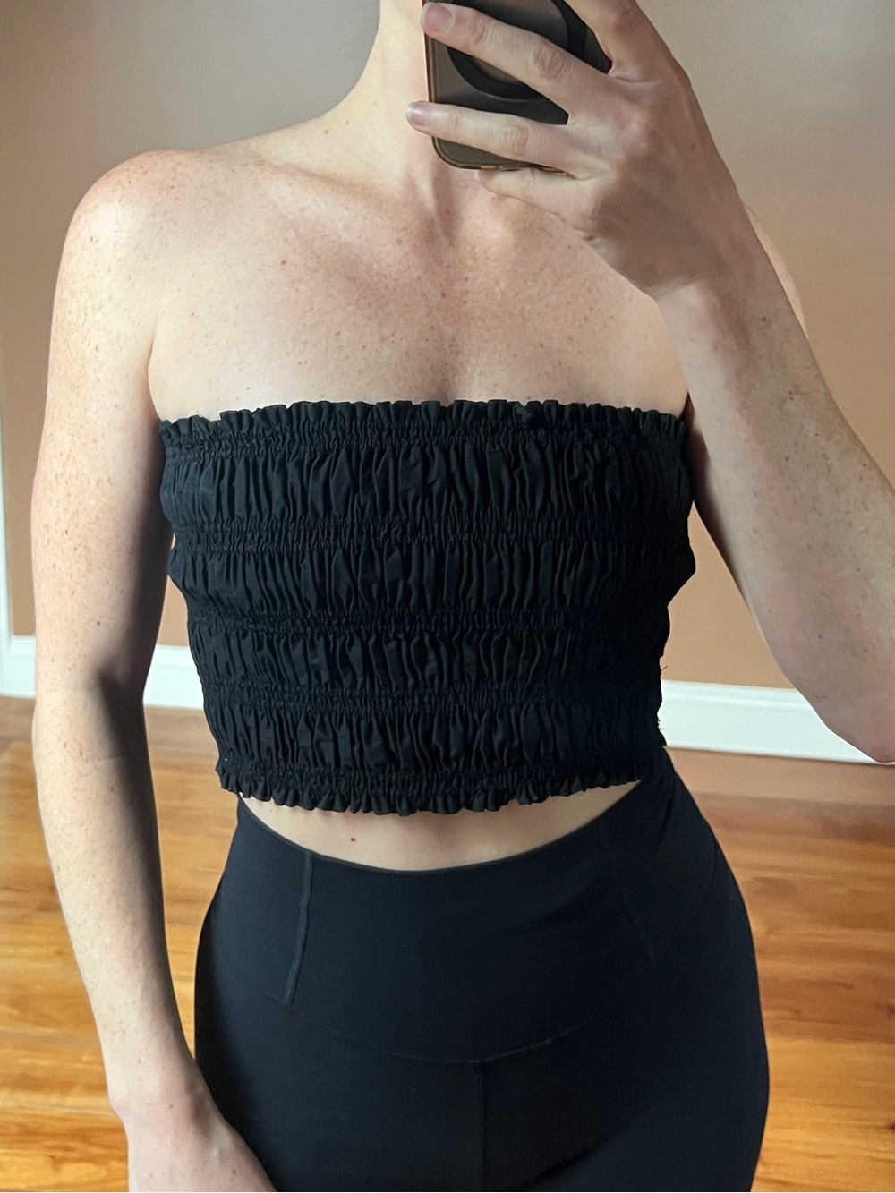 Matteau Black Smocked Strapless Crop Top
